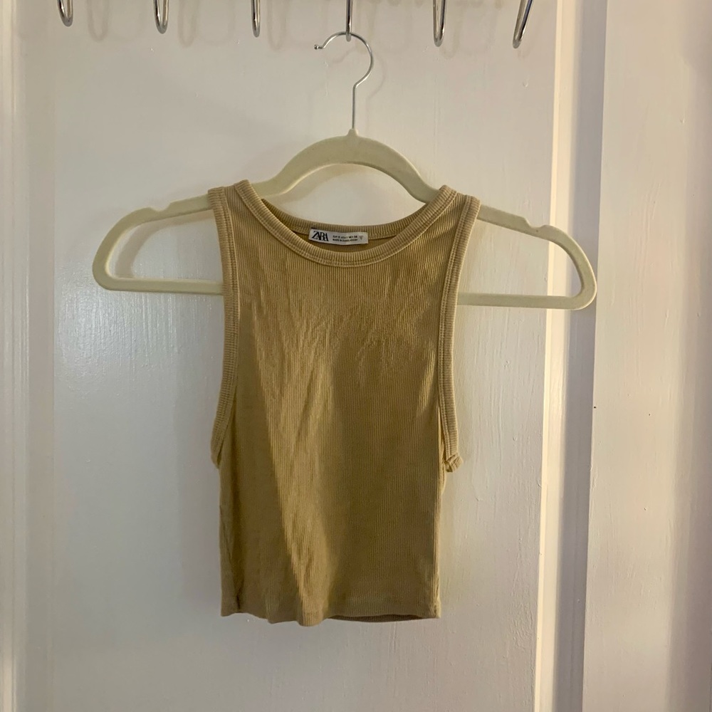 Zara high neck ribbed crop top in nude - small
